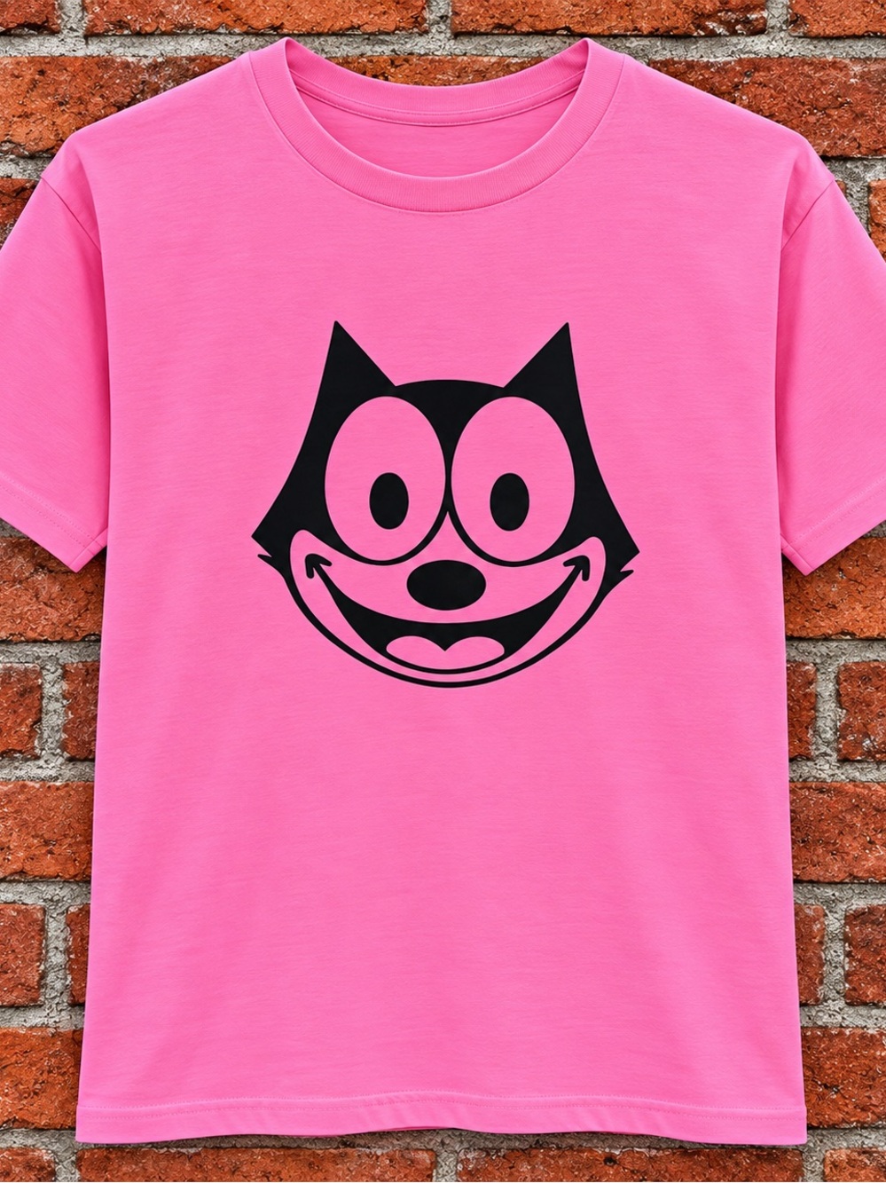 Women’s Neon Pink Graphic Tee with Smiling Cat Face